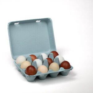 Open Blue Mist vintage-style 12-egg chicken carton filled with eggs.