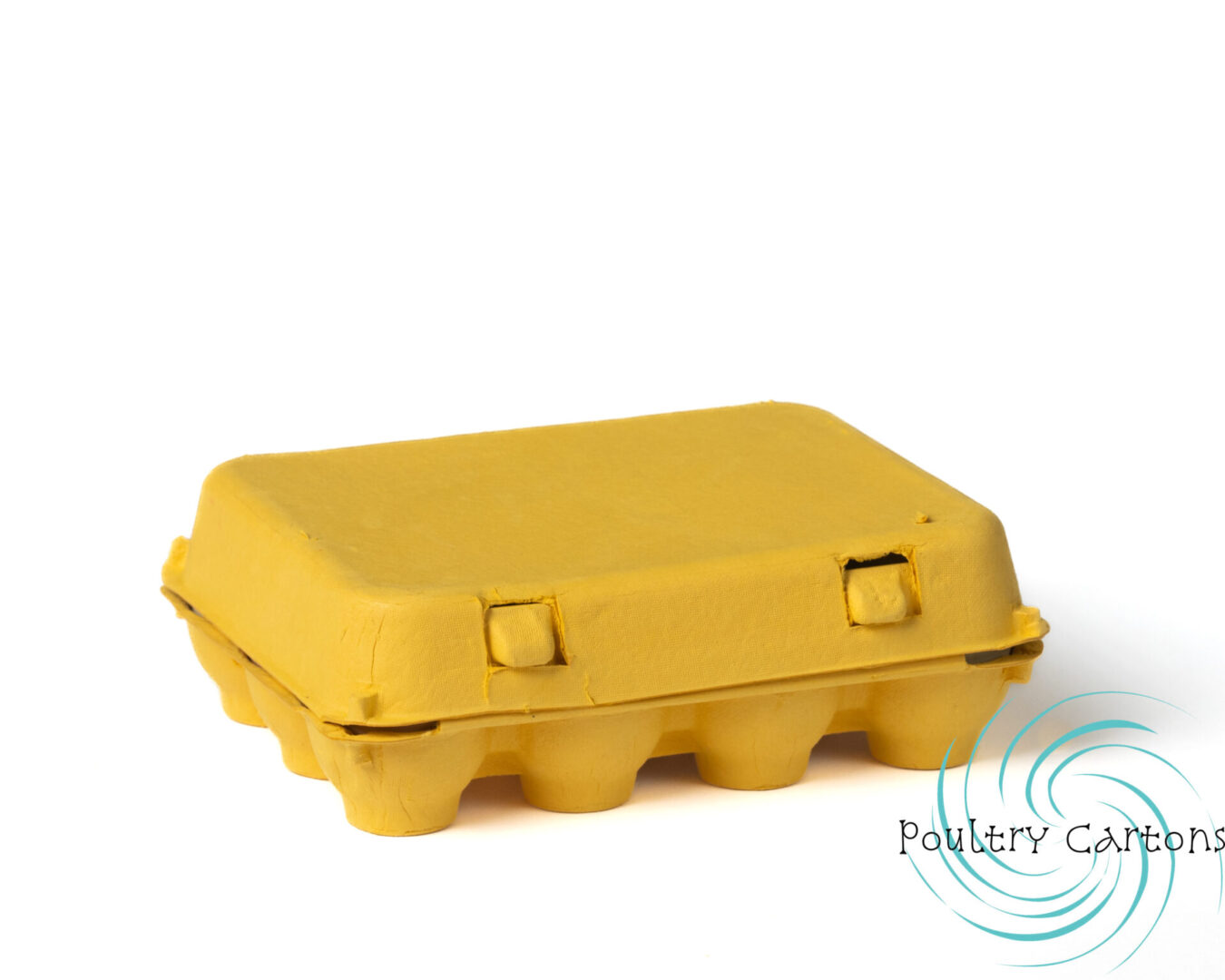 A closed Sunny Side Up yellow bantam square paper pulp chicken egg carton on a white background.