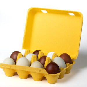 Open yellow vintage-style 12-egg chicken carton filled with eggs.
