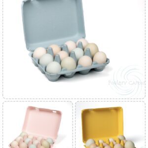 Eggs in blue, pink, and yellow cartons.