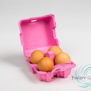 Pink egg carton with four brown eggs.