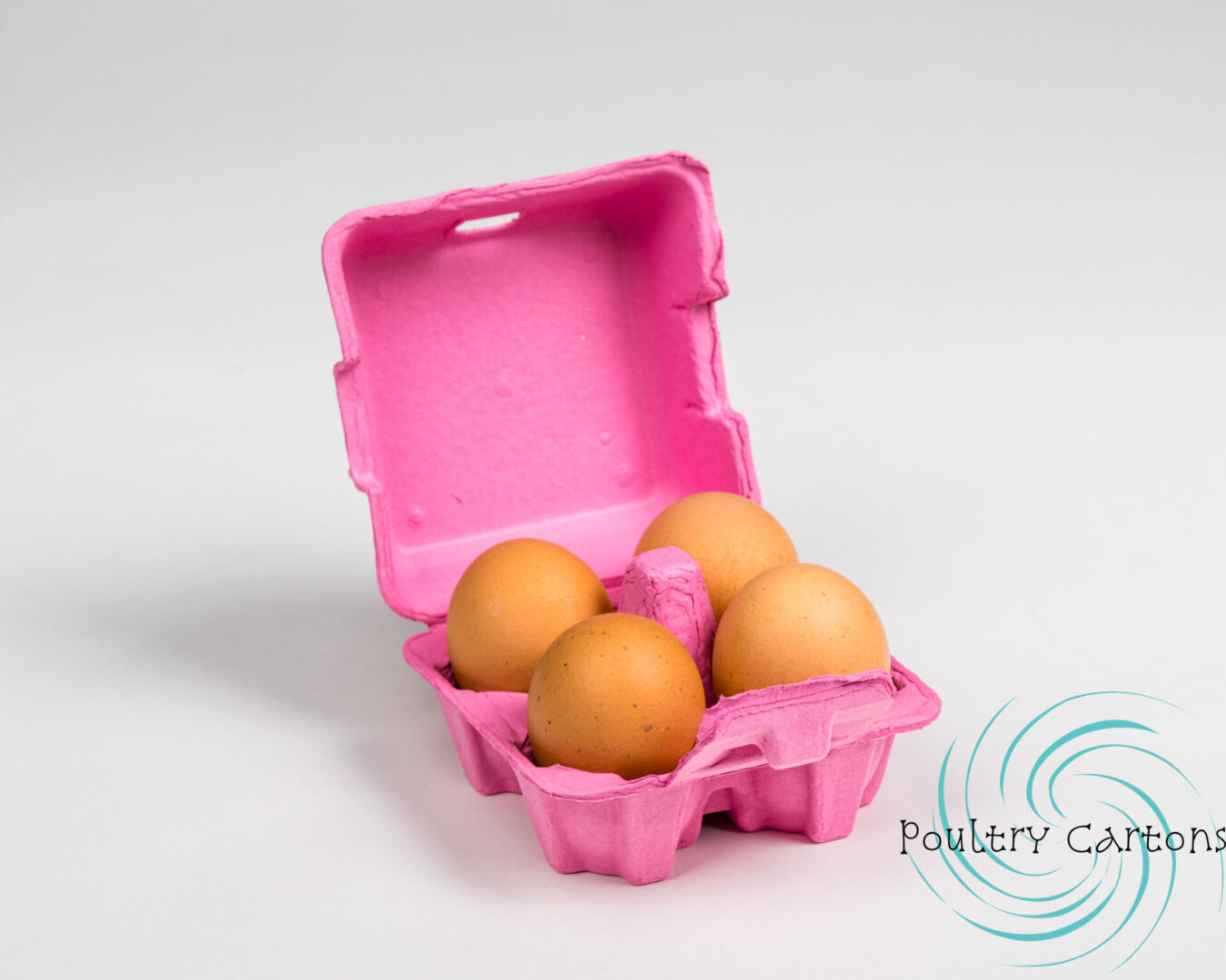 Pink egg carton with four brown eggs.