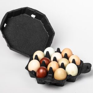 Assorted eggs in black carton packaging.