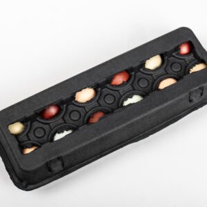 Black vented 12‑egg chicken egg carton with assorted eggs closed