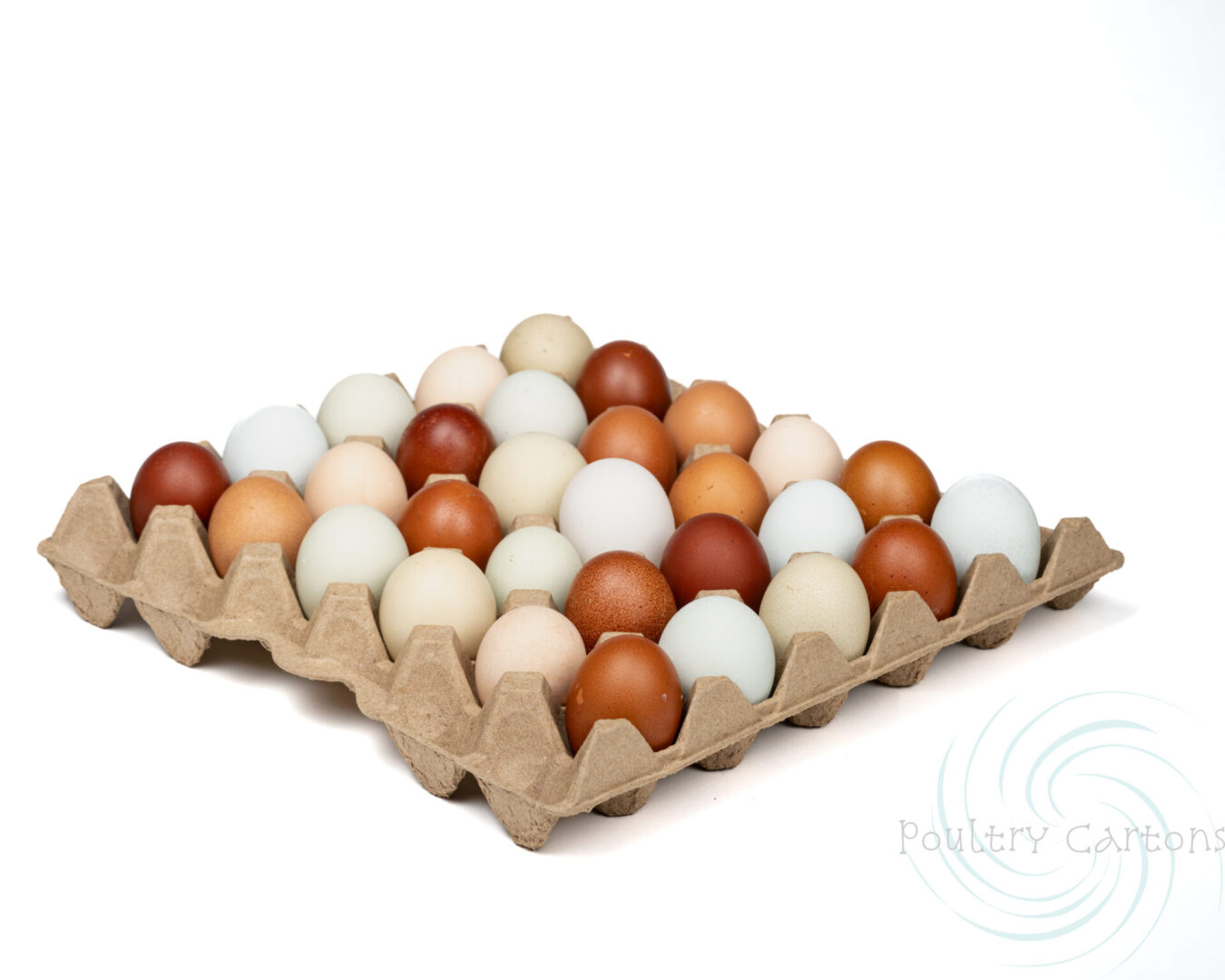 Stacked brown 30-egg chicken egg trays holding eggs